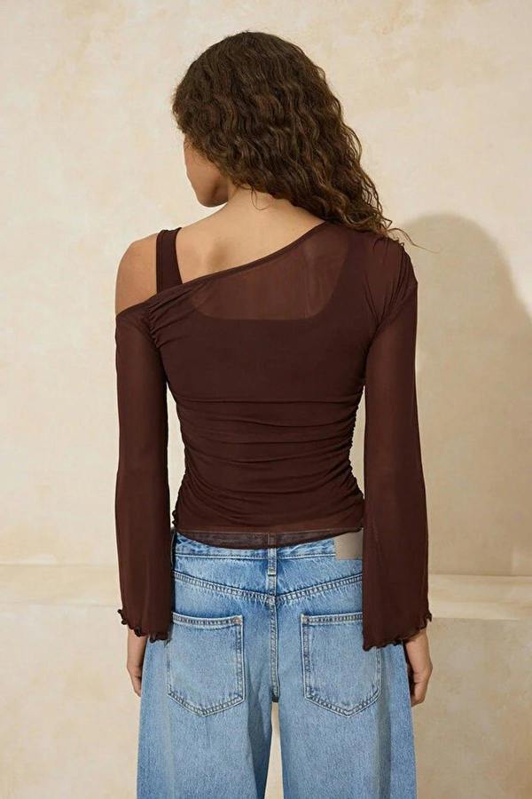 WOVCOR Fitted Asymmetric Neck Long Sleeve Ruched Mesh Blouse