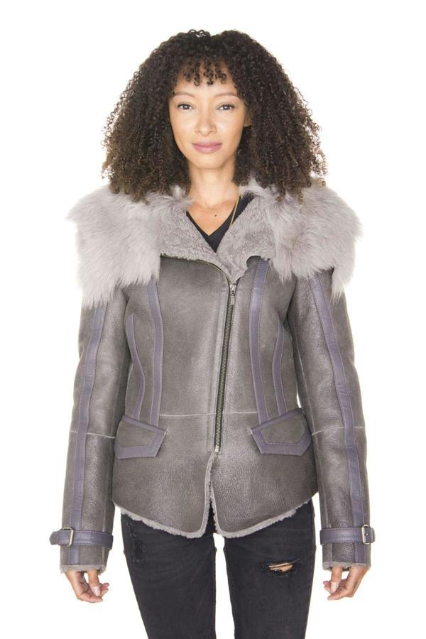 Infinity Leather Womens Grey Toscana Shearling Flying Jacket-Polegate