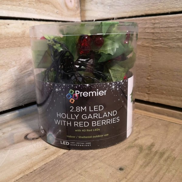 Samuel Alexander Premier 2.8m Holly Garland with Red Berries and 40 Red Leds