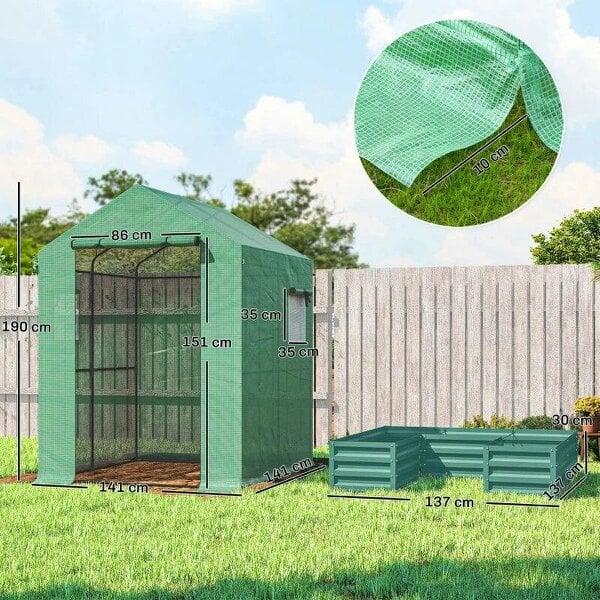 Bobobiy Small Greenhouse with Raised Garden Bed, Galvanised Walk-in Greenhouse with Roll Up Windows, 141 x 141 x 190 cm, Green