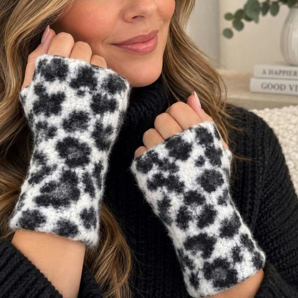 Love EMVY Ladies Leopard Print Fleece Lined Fingerless Mittens
