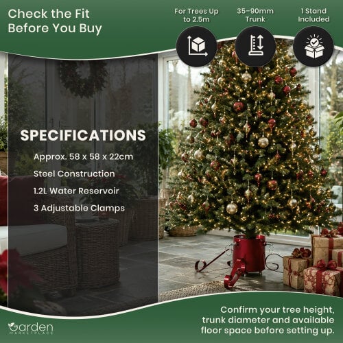 Large Metal Christmas Tree Stand, Glittery Red Finish, Water Reservoir Base for Real Trees up to 2.5m