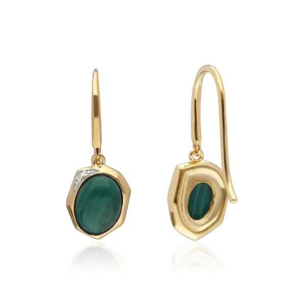 270E027106925 Irregular B Gem Malachite & Diamond Drop Earrings in Gold Plated Sterling Silver 2