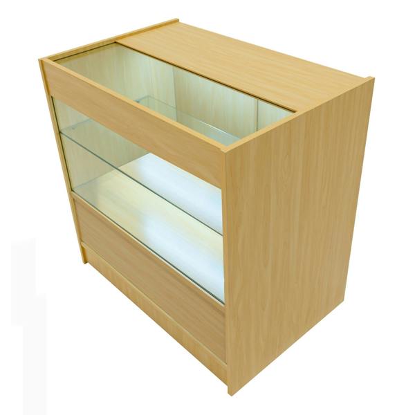 Maple LED shop counter set featuring a sleek design with glass shelves, ideal for displaying products in retail spaces