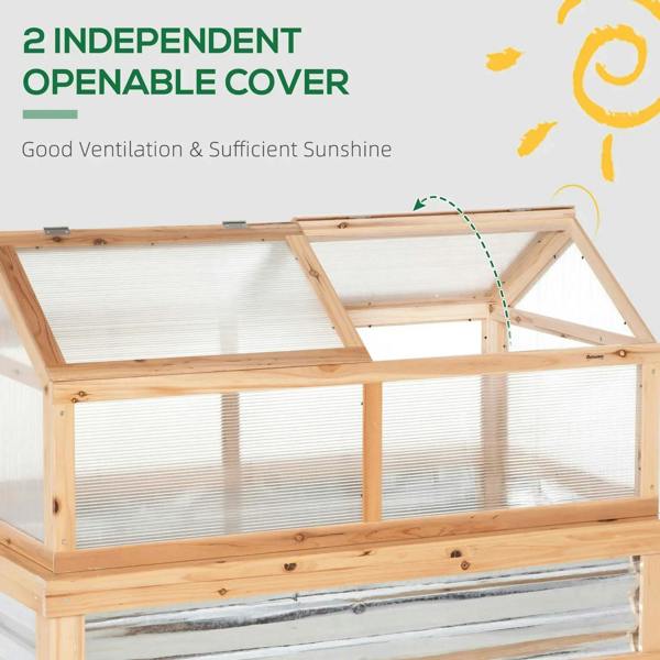 Wood cold frame greenhouse with clear panels and independently open roof sections