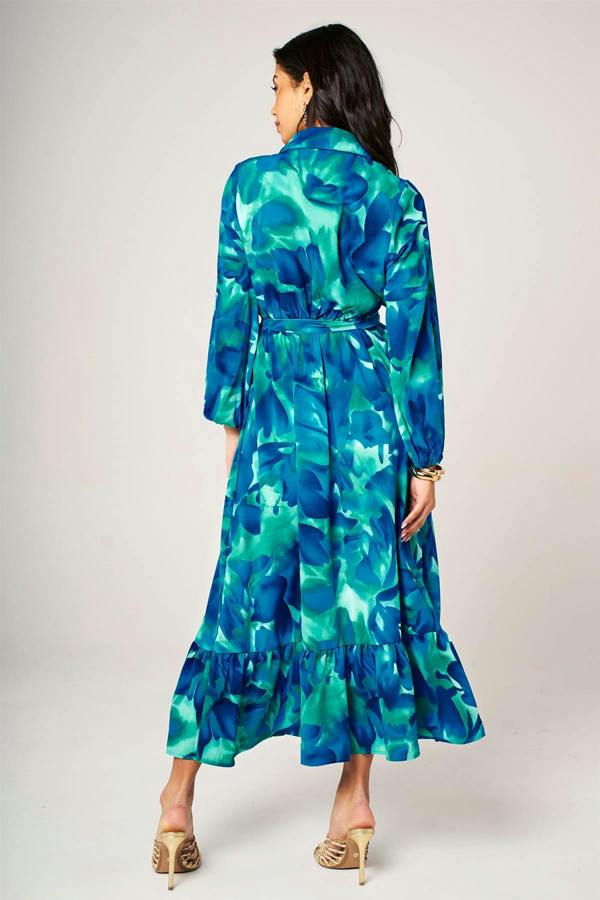 FS Collection Abstract Floral Print Hem Detail Shirt Midi Dress With Tie Waist In Blue