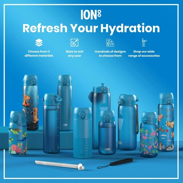 Several blue water bottles, various sizes and designs, are displayed on a blue surface. Accessories are shown nearby. The text reads "ION8 Refresh Your Hydration," with details on materials, sizes, designs, and accessories available.
