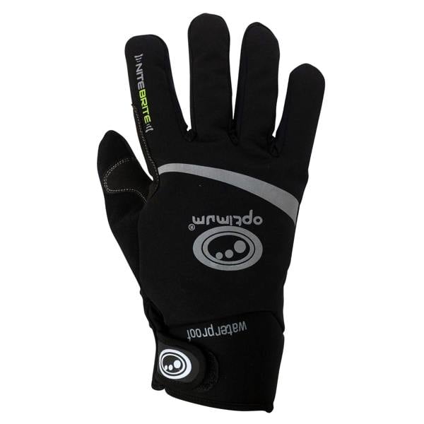 Black full-finger waterproof winter cycling glove, back view with reflective stripe and logo, on white - Optimum