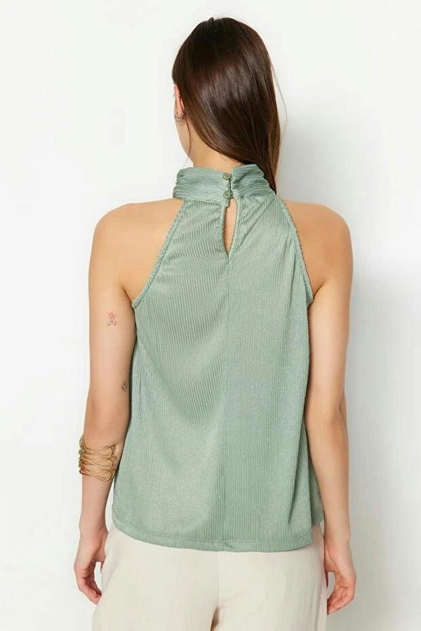 WOVCOR Stand-Up Collar Pleated Stretch Knit Blouse