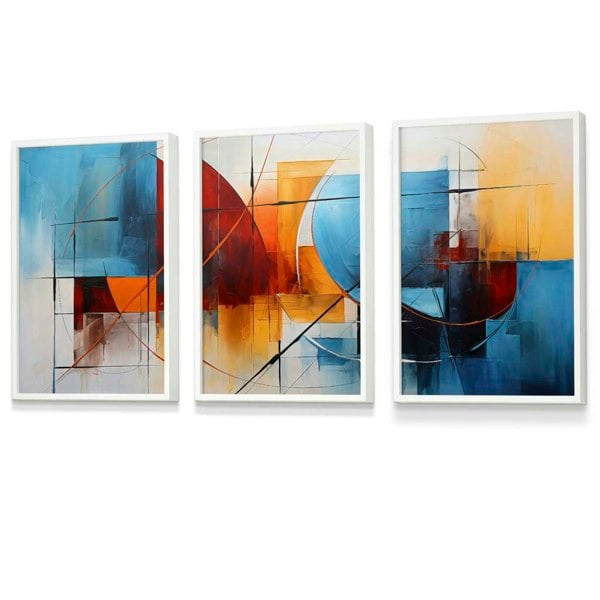 Artze Wall Art Set of 3 Abstract Colourful Blue and Red Framed Art Prints