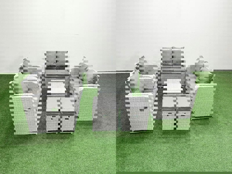 Fimous 8 Seater Outdoor Reclining Chair Love Sofa Set Rattan Garden Furniture Set with Square Coffee Table 2 Stools Light Grey