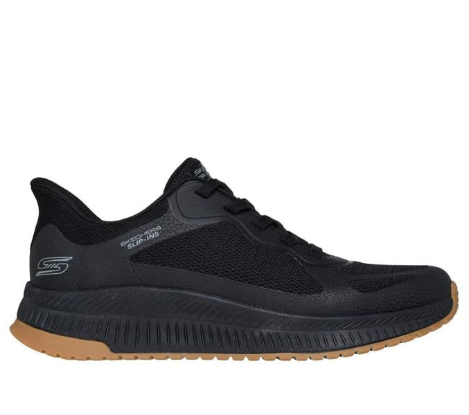 Skechers Bobs Squad 4 Chaos Mens Slip-Ins Casual Trainers, black athletic shoe with a gum-colored sole and sporty design.