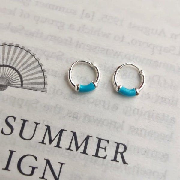 The Colourful Aura Pure Silver Small Enamel Bali Dainty Huggie Minimalist Unisex Hoop Earring