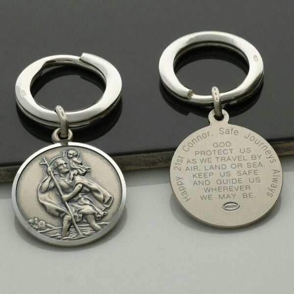 Christopher James of London Antique Finish Sterling Silver 24mm St Christopher Keyring With Travellers Prayer and Optional Engraving