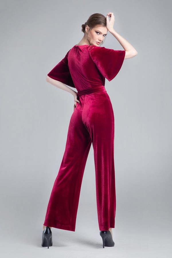 Rumour London Layla velvet jumpsuit with bell sleeves and sash in burgundy