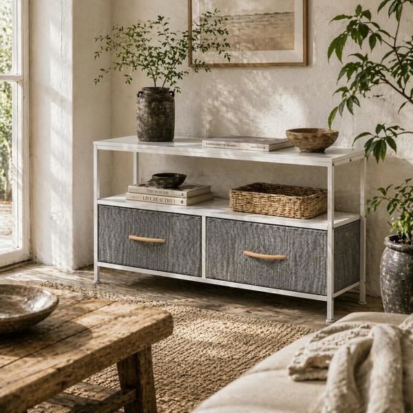 Wyld Haus Avavale 98cm White TV Storage Unit With 2 Fold Down Fabric Drawers