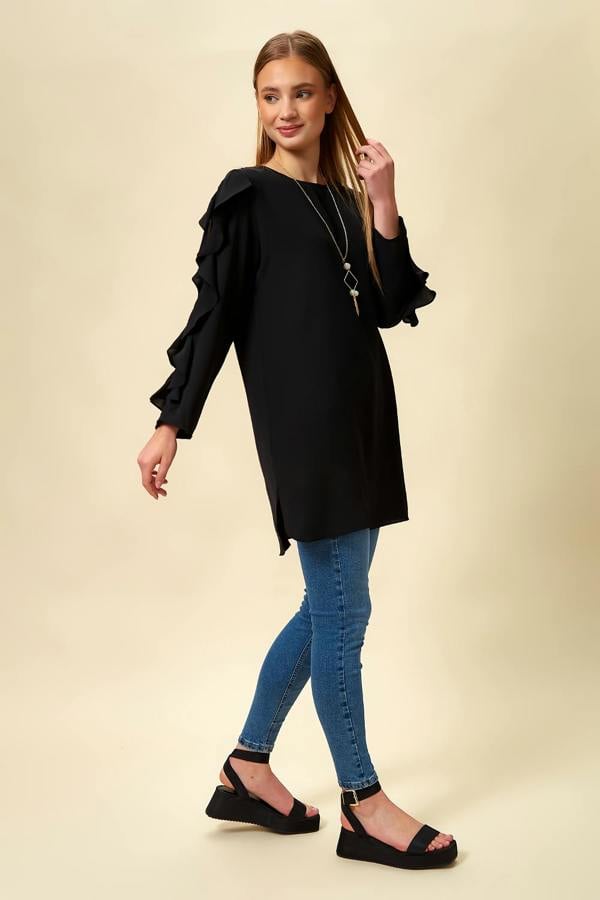 Hoxton Gal Oversized Ruffle Sleeve Relaxed Fit Tunic in Black