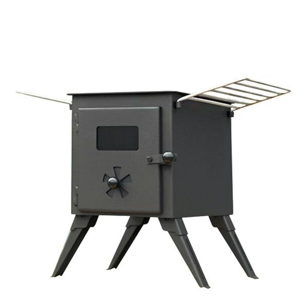 A black portable freestanding cold rolled steel camping heater, which also serves as a wood stove with a drying rack on top.