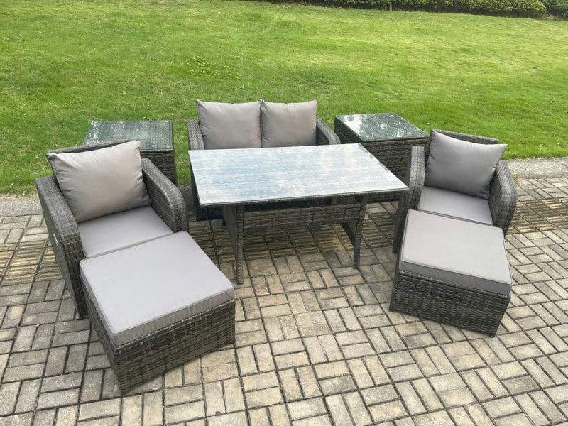 Fimous Rattan Outdoor Garden Furniture Set Rectangular Dining Table and Chair Sofa Set With 2 Side Tables 2 Big Footstool Dark Grey Mixed