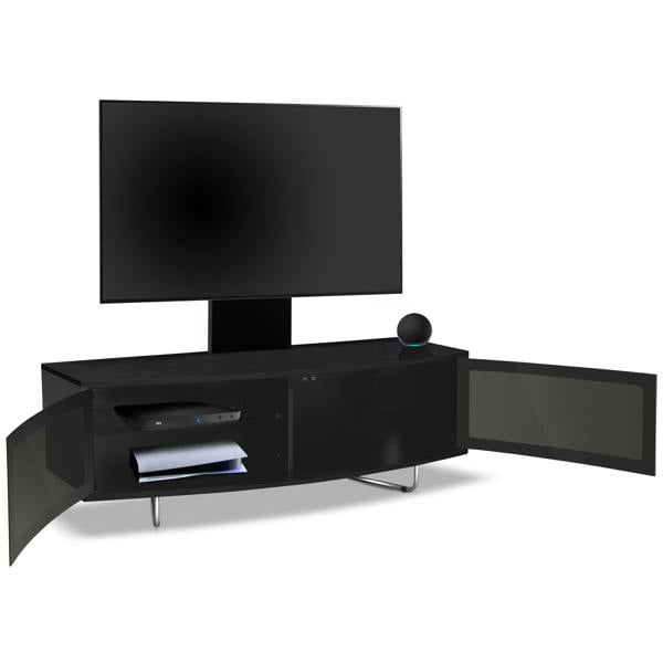 Homeology Caru Gloss Black Beam-Thru Remote Friendly Super-Contemporary D Shape Design 32"-65" LED/OLED/LCD TV Cabinet with Mounting Arm