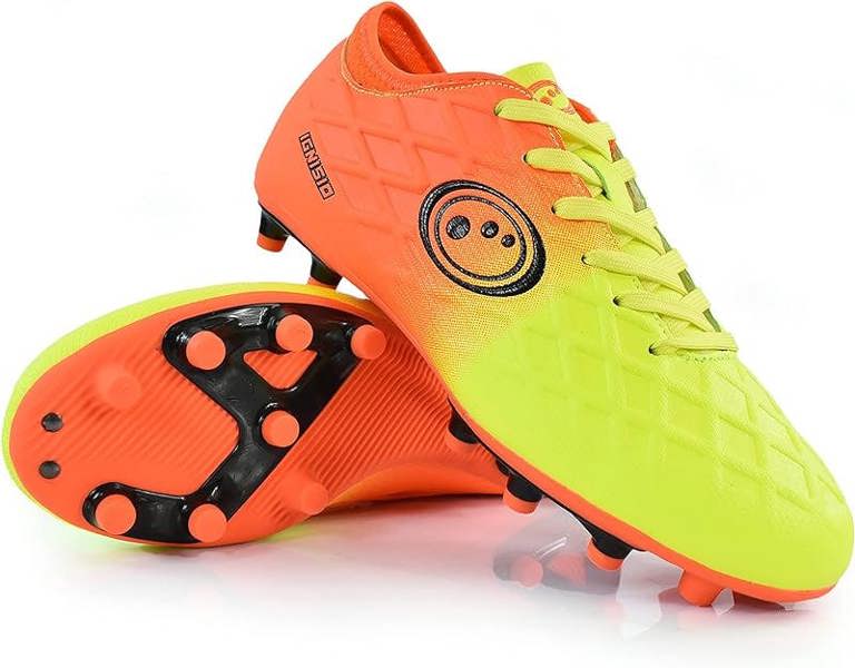 Orange and fluro yellow Optimum Ignisio football boots, one upright, one showing black moulded-stud sole, on white - Optimum