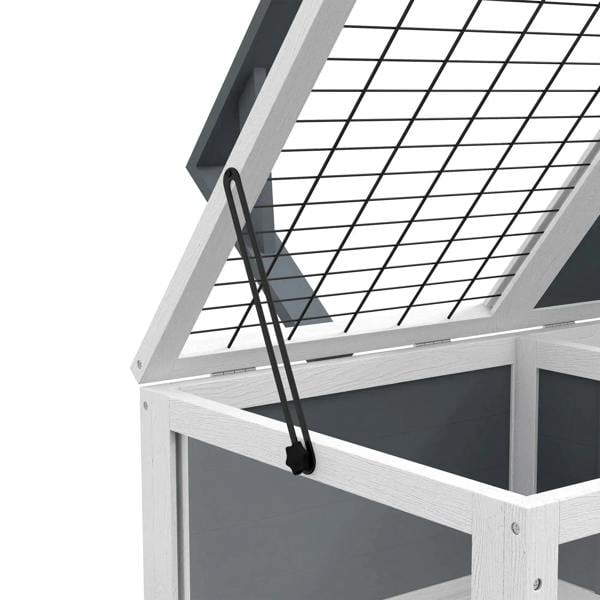 Grey and white wooden tortoise table hinge with wire-mesh top and support bar