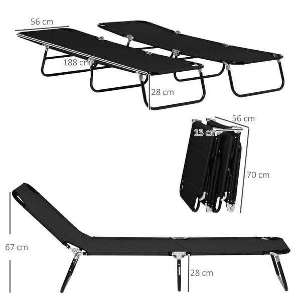 Bobobiy Set of Two Metal Frame Folding Sun Loungers - Black