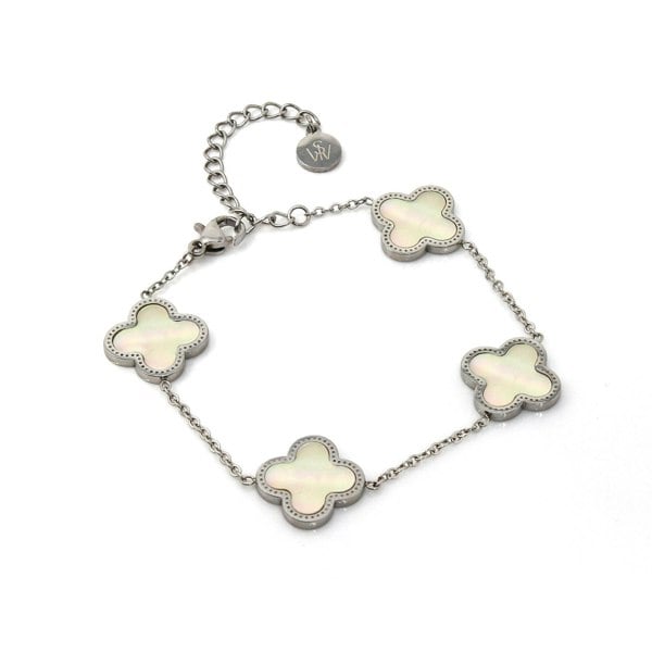Say It With Clover Chain Bracelet - Stainless Steel (Silver Plated & Faux Pearl)