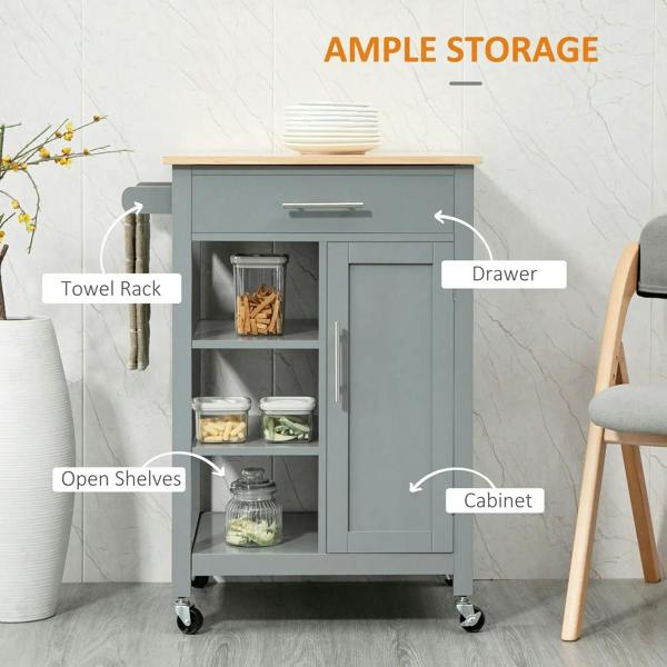 Grey kitchen trolley cart with towel rack, open shelves, drawer, and cabinet doors