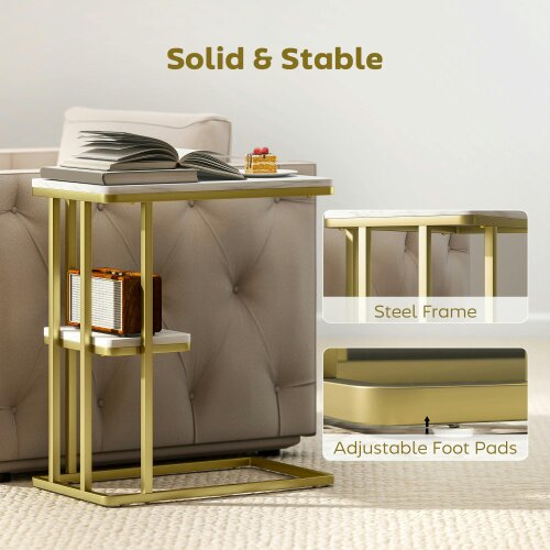 Wyld Haus Neso Metal And Wooden White Marble Grain Slim C Shaped Side Table With 2 Tier Storage