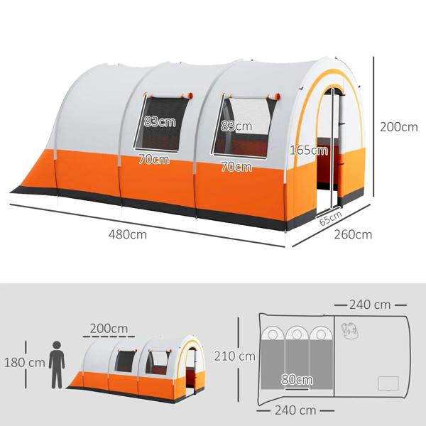 Family camping tent with arched front entrance, two side mesh panels, and door entry