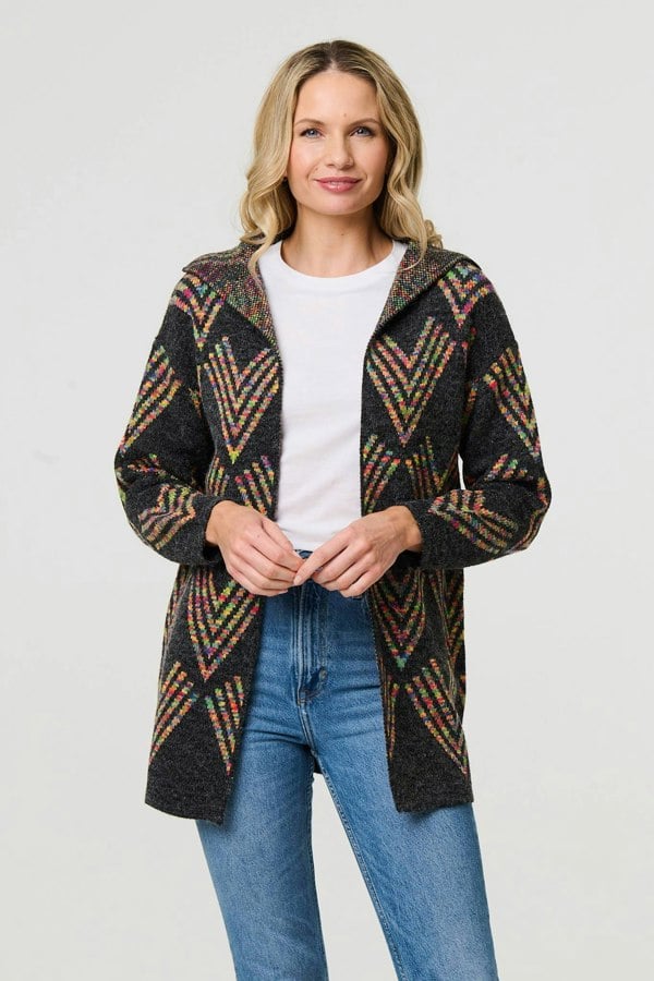 Grey | Abstract Print Longline Knitted Jacket
