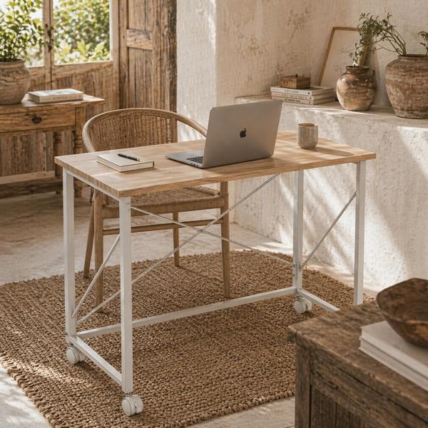 Wyld Haus Yokare 80cm Wooden Natural and White Folding Desk On Wheels