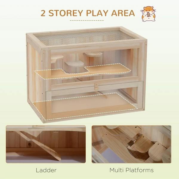 Natural wood two-storey hamster play cage with open front, mesh top, and platforms