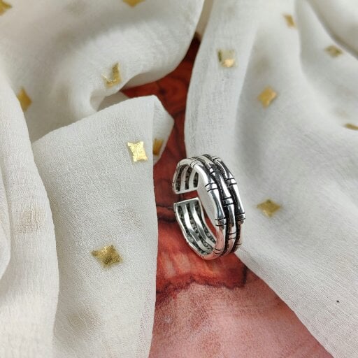 The Colourful Aura Silver Adjustable Thick Multilayer Bamboo Dainty Band Ring