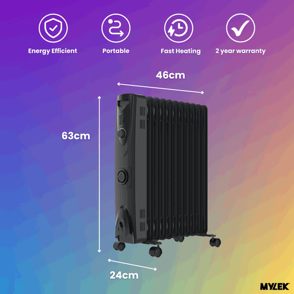 MYLEK Oil Filled Radiator 2000w Portable Heater Thermostat 24 Hour Timer Grey