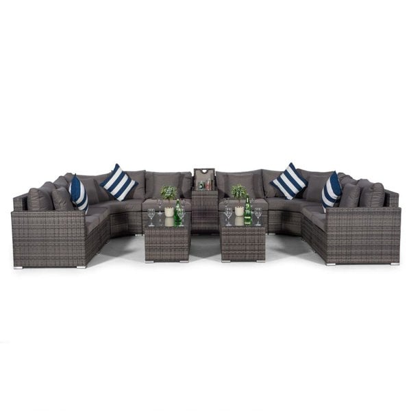 Giardino Santorini U Shape Modular 8 Seat Rattan Sofa Set With Armrest Drinks Cooler & 2 Coffee Tables