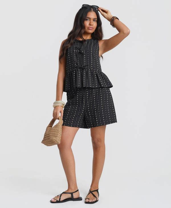 Black Floral Tie Front Peplum Top