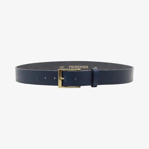 Full width view of Blue leather belt with gold buckle on a white background