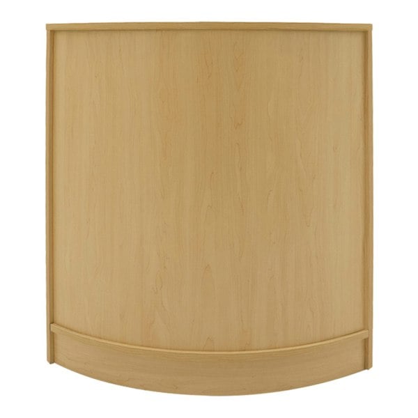 Curved maple wood counter with a smooth finish, designed for shop displays, featuring a sleek, modern aesthetic and ample surface area