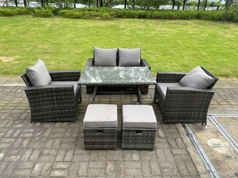 Fimous 6 Seater Outdoor Dark Grey Mixed High Back Rattan Sofa Dining Table Set Garden Furniture 2 Stools
