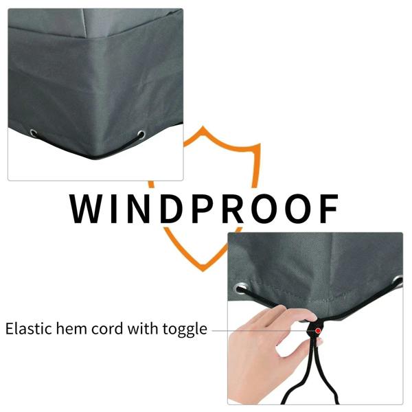 Dark gray chair cover hem with toggle and elastic cord for secure fit