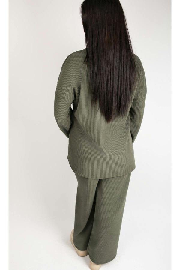 Selira Ribbed Zip Front Top And Wide Leg Trouser Co-ord Set - Khaki