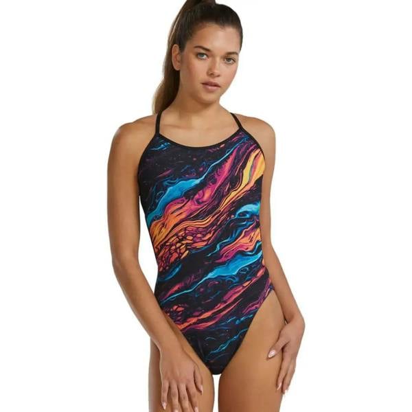 TYR Magmata Durafast Elite Crosscutfit swimsuit in multicolored abstract print with black straps and high neckline