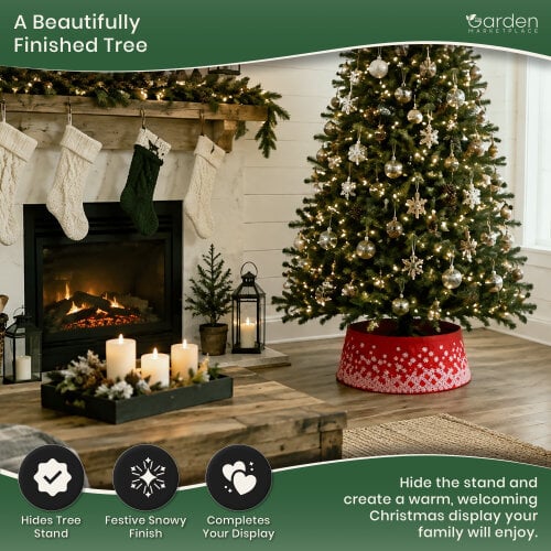 Pop Up Christmas Tree Skirt Collar in Red Snowy Pattern Fabric, Sprung Steel Frame Stand Cover, Fits 1.5–2.1m Trees, 56cm Diameter x 25cm High