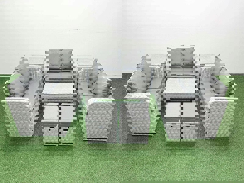Fimous  8 Seater PE Wicker Rattan Furniture Sofa Sets with Oblong Coffee Table 2 Seater Love Sofa 2 Stool 2 Side Table Light Grey