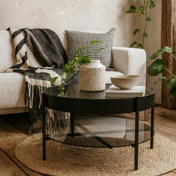 Wyld Haus Tampere Round Black Coffee Table with Grey Glass Lift Top