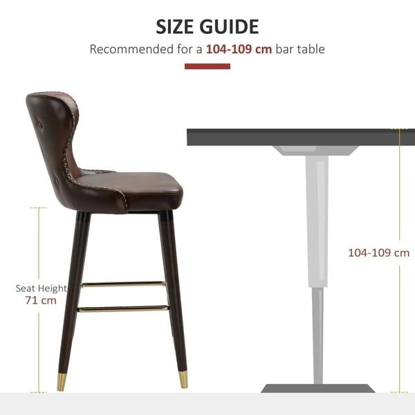 Brown PU leather bar stool with back, footrest, and tapered wood legs