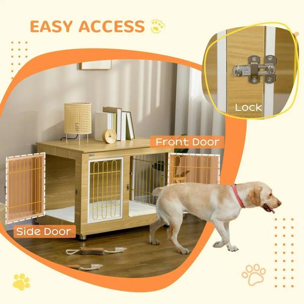 Oak-tone dog crate end table with front door lock and side door access.