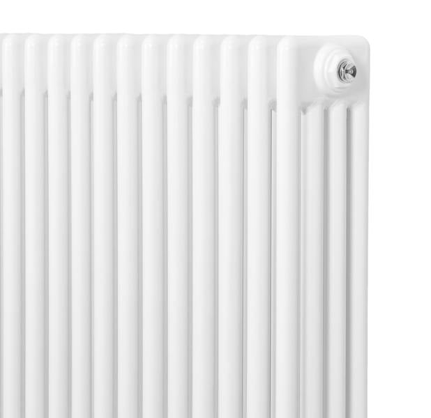 Traditional 4 column radiator in white, measuring 300 x 1370mm, featuring a sleek, smooth finish and vertical slats for efficient heating
